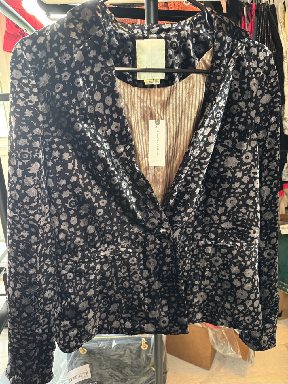 Anthropologie Elevenses Black Floral Velvet Blazer